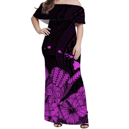 Hawaii Shaka Sign Off Shoulder Long Dress Purple Version