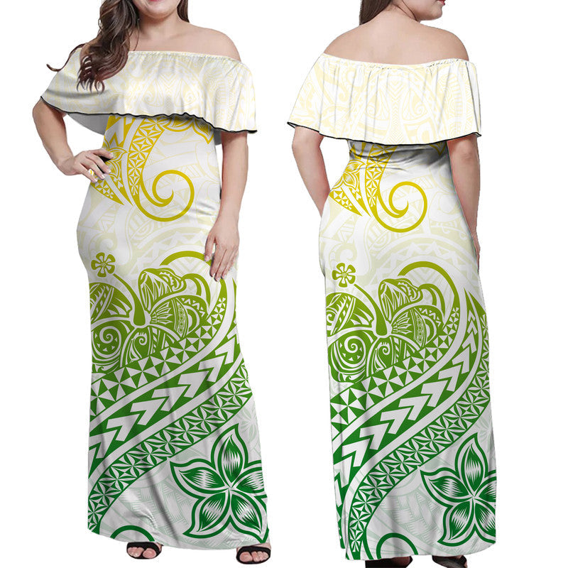 Polynesian Tribal Tattoo Retro Off Shoulder Long Dress Gradient 01 Screen Color