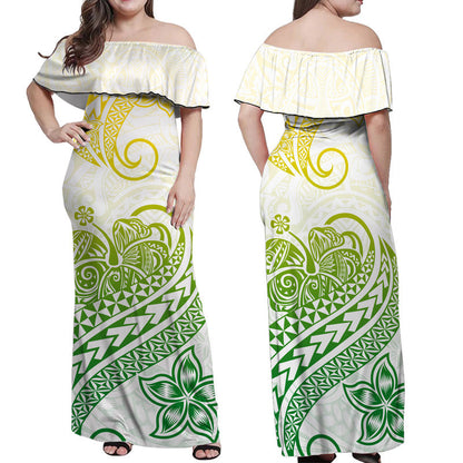 Polynesian Tribal Tattoo Retro Off Shoulder Long Dress Gradient 01 Screen Color