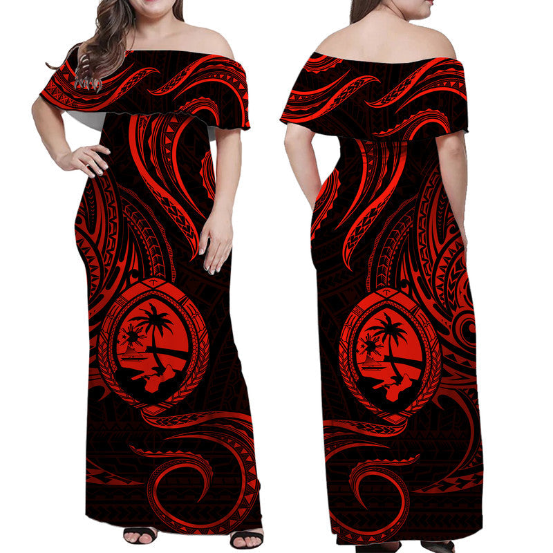 Polynesian Pride Guam With Polynesian Tribal Tattoo and Coat of Arms Off Shoulder Long Dress Red Version