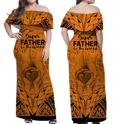 Matching Couple Outfit Polynesian Father's Day Gift For Dad Combo Off Long Dress and Hawaiian Shirt Super Father In The World Gold Polynesian