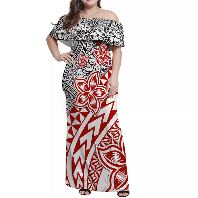 Traditional Polynesian Tribal Tattoo Retro Women Off shoulder Long Dress Red