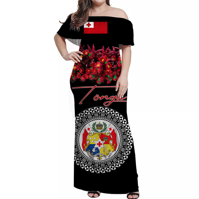 Custom Personalised Tonga Emancipation Day Off Shoulder Long Dress Independence Day Unique Kahoa Heilala Flower Black