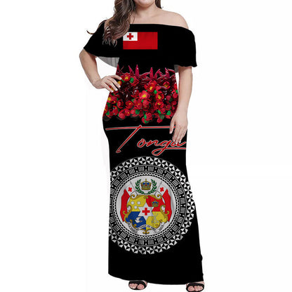 Custom Personalised Tonga Emancipation Day Off Shoulder Long Dress Independence Day Unique Kahoa Heilala Flower Black