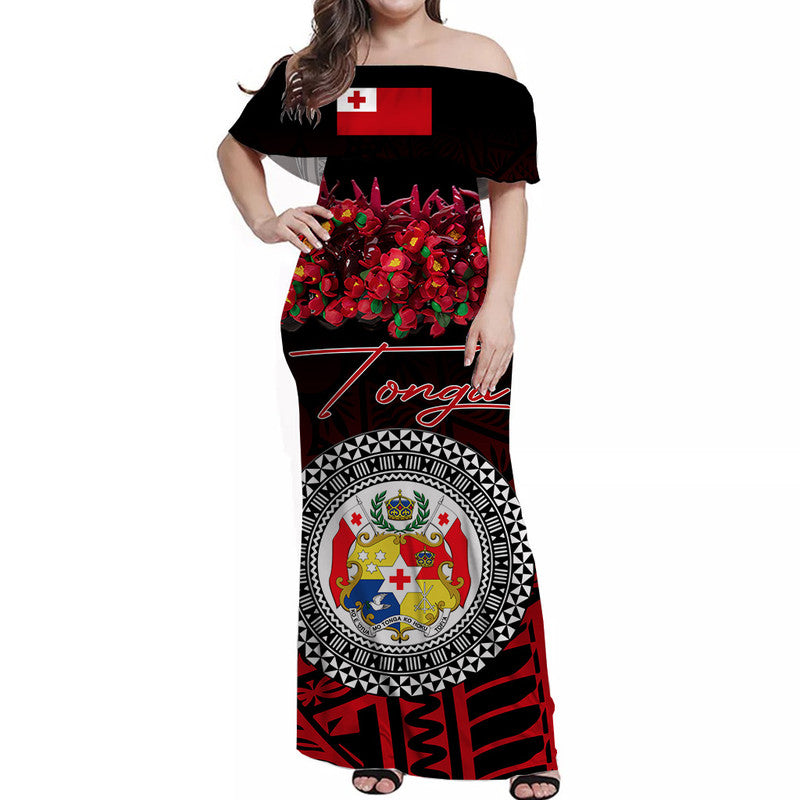 Custom Personalised Tonga Emancipation Day Off Shoulder Long Dress Independence Day Unique Kahoa Heilala Flower Black