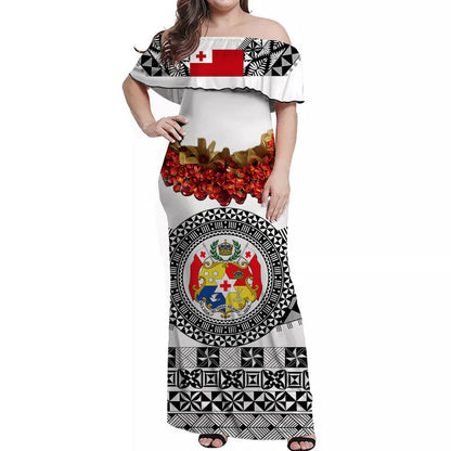 Custom Personalised Tonga Emancipation Day Off Shoulder Long Dress Independence Day Fancy Kahoa Heilala Flower White Black