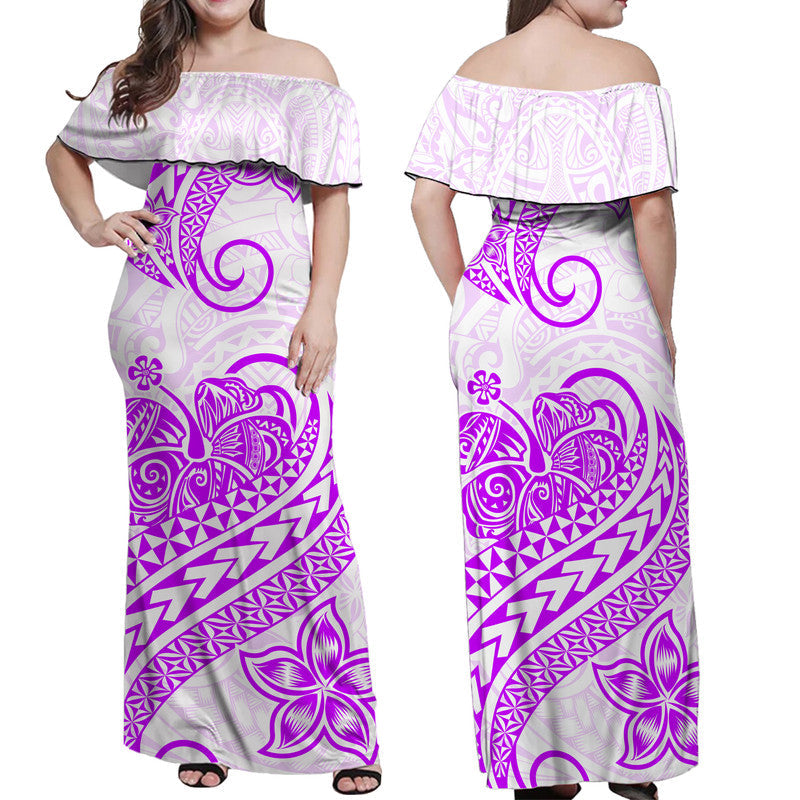 Polynesian Tribal Tattoo Retro Off Shoulder Long Dress Purple Screen Color