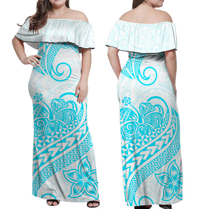 Polynesian Tribal Tattoo Retro Off Shoulder Long Dress Aqua Screen Color