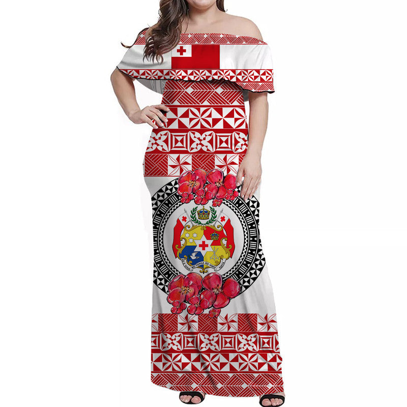 Custom Personalised Tonga Emancipation Day Off Shoulder Long Dress Independence Day Simple Ngatu Heilala Flower White Red