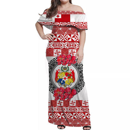 Custom Personalised Tonga Emancipation Day Off Shoulder Long Dress Independence Day Simple Ngatu Heilala Flower White Red