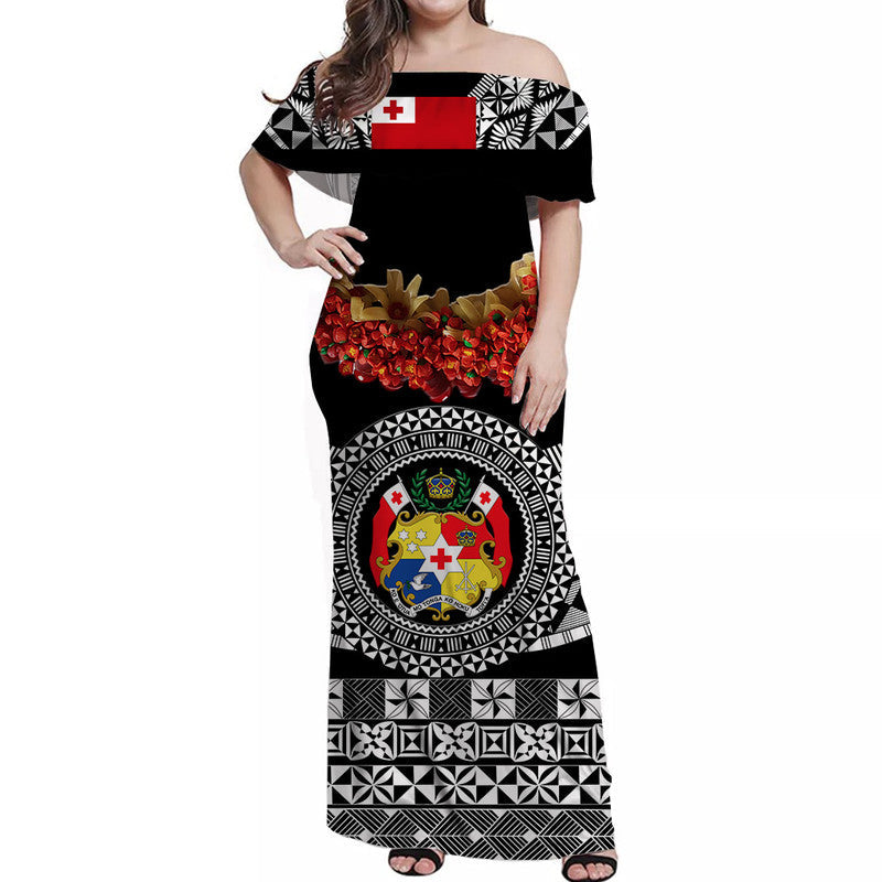 Custom Personalised Tonga Emancipation Day Off Shoulder Long Dress Independence Day Fancy Kahoa Heilala Flower Black