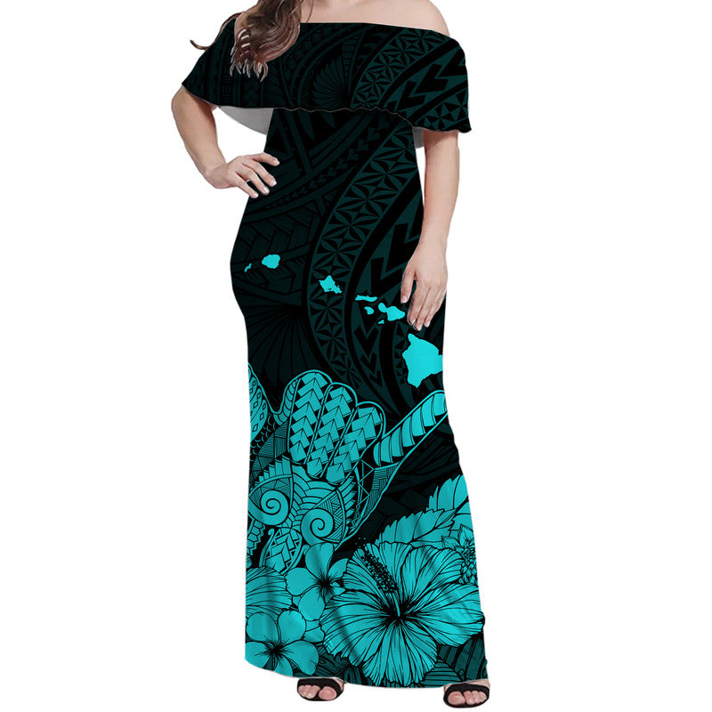 Hawaii Shaka Sign Off Shoulder Long Dress Turquoise Version