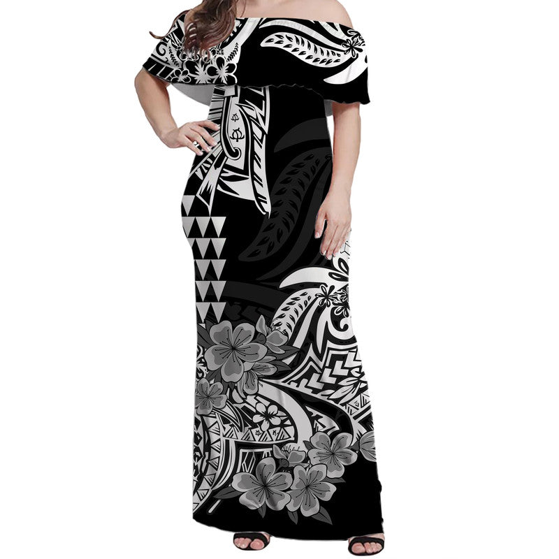Hawaii Kakau Off Shoulder Long Dress Polynesian Floral Tribal Black Version