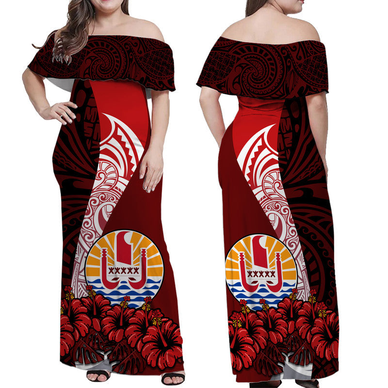 Tahiti Off Shoulder Long Dress Polynesian Coat Of Arm With Hibiscus