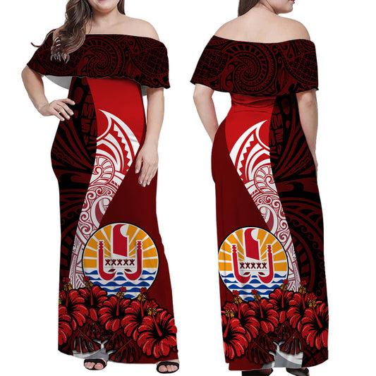 Tahiti Off Shoulder Long Dress Polynesian Coat Of Arm With Hibiscus
