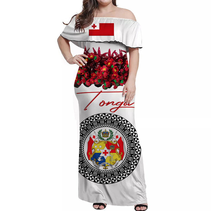 Custom Personalised Tonga Emancipation Day Off Shoulder Long Dress Independence Day Unique Kahoa Heilala Flower White