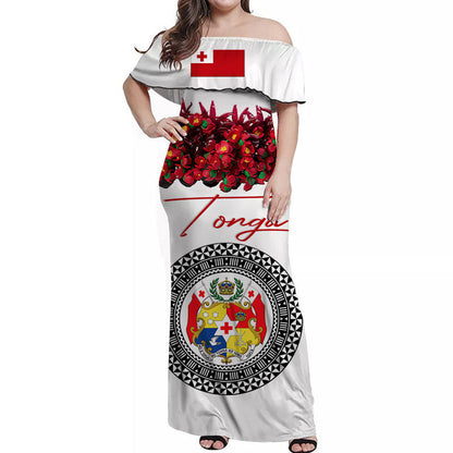Custom Personalised Tonga Emancipation Day Off Shoulder Long Dress Independence Day Unique Kahoa Heilala Flower White