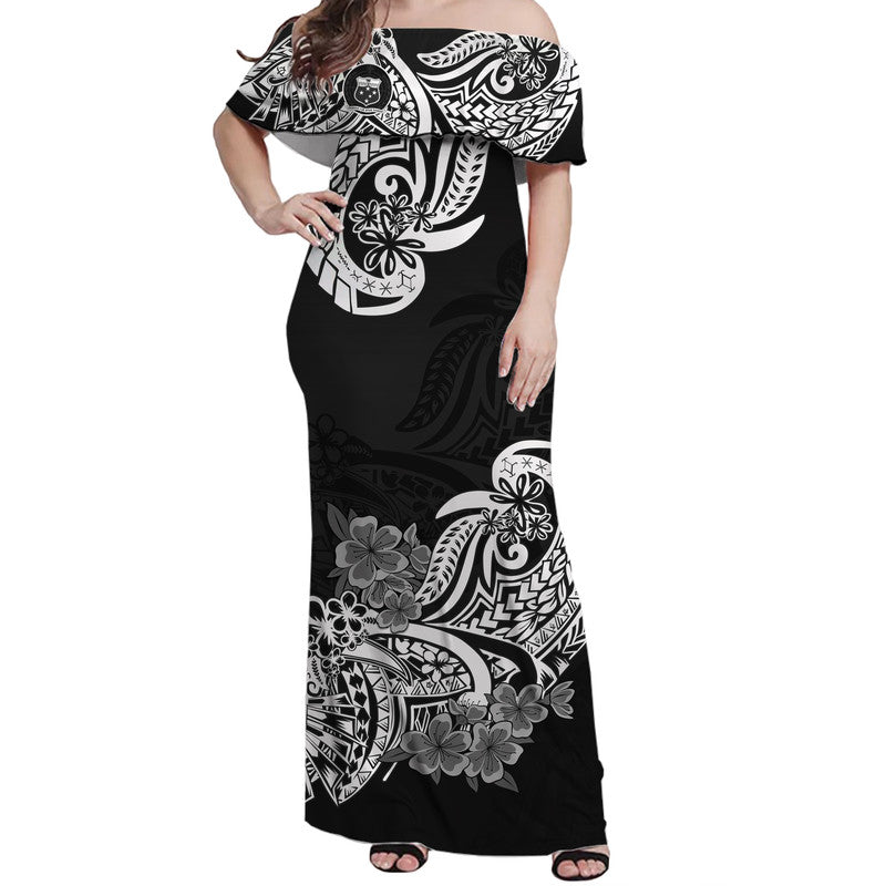 Polynesian Floral Tribal Off Shoulder Long Dress Black