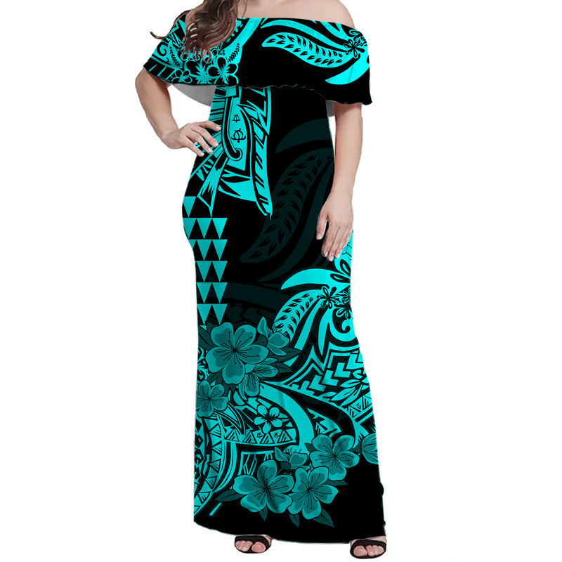 Hawaii Kakau Off Shoulder Long Dress Polynesian Floral Tribal Aqua Version