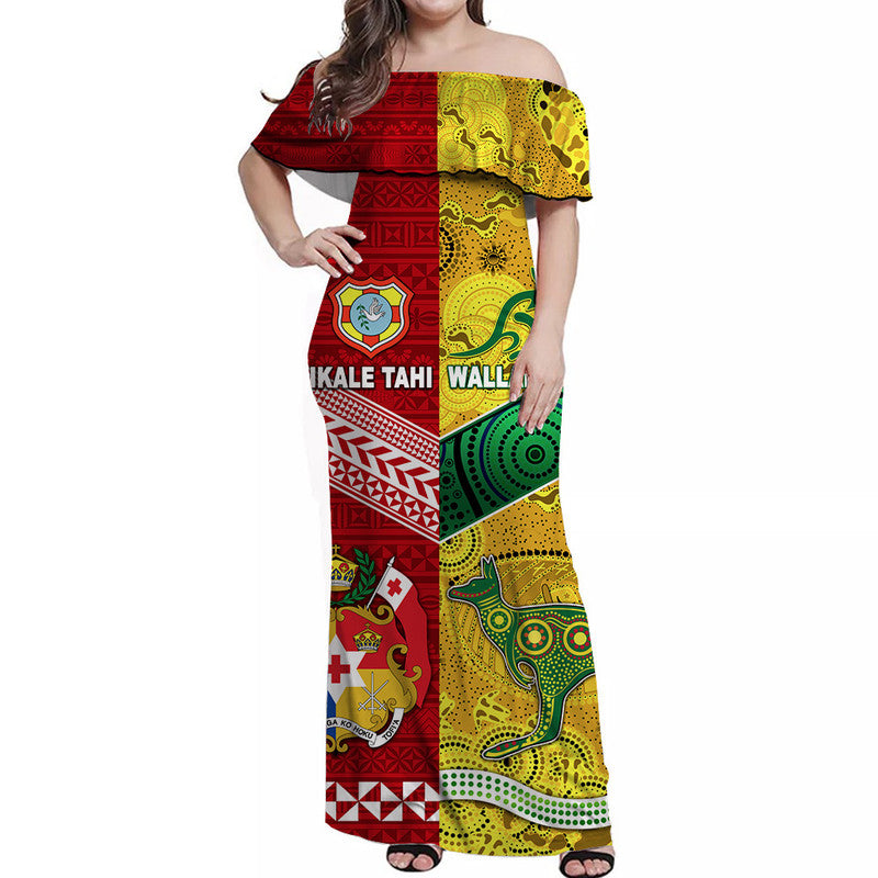 Tonga Ikale Tahi Ngatu And Australia Wallabies Aboriginal Off Shoulder Long Dress Rugby Together