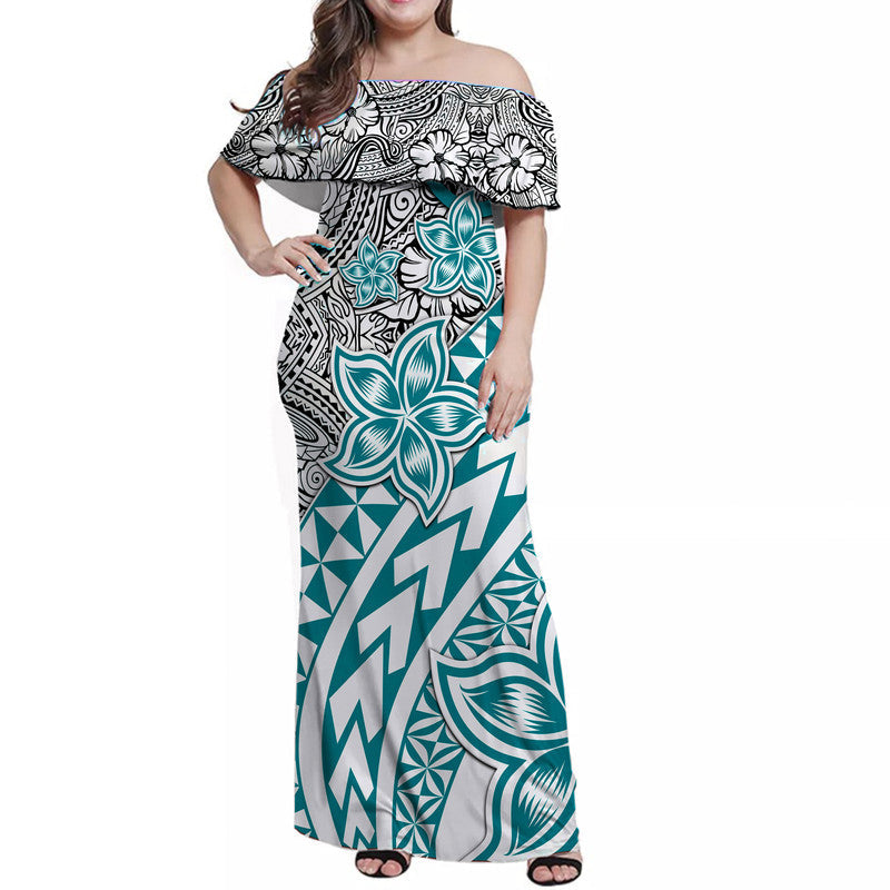 Traditional Polynesian Tribal Tattoo Retro Women Off shoulder Long Dress Turquoise