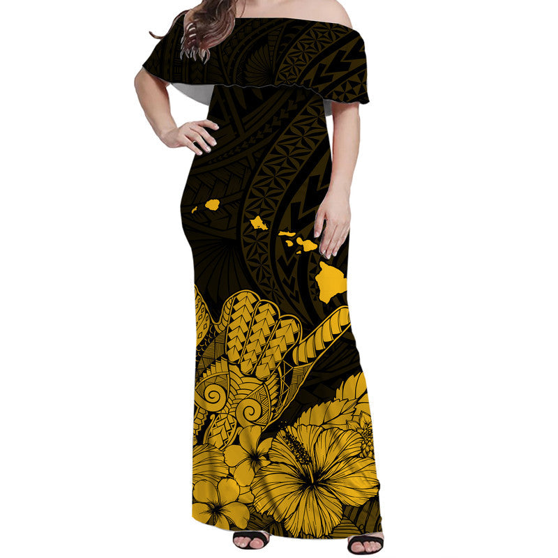Hawaii Shaka Sign Off Shoulder Long Dress Gold Version