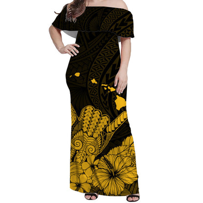 Hawaii Shaka Sign Off Shoulder Long Dress Gold Version