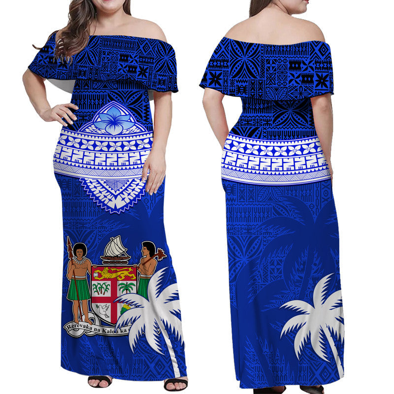 Fiji Coat Of Arms Off Shoulder Long Dress Polynesian Tapa Palm Tree