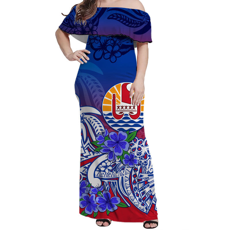 Tahiti Off Shoulder Long Dress Polynesian Floral Tribal
