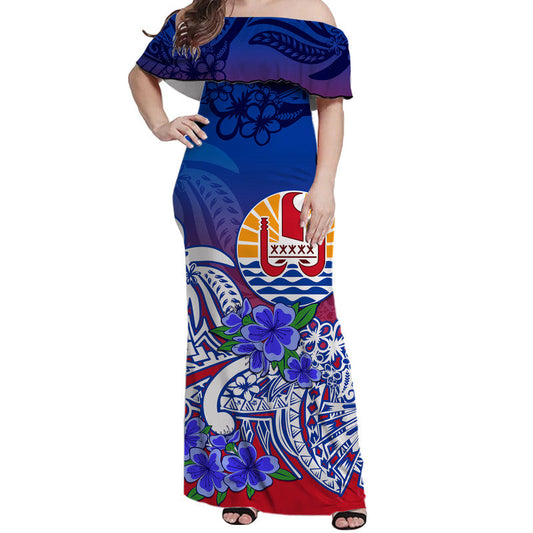 Tahiti Off Shoulder Long Dress Polynesian Floral Tribal