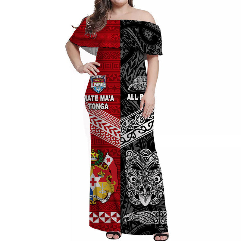 Mate Ma'a Tonga Ngatu And New Zealand Maori All Black Aboriginal Off Shoulder Long Dress Rugby Together