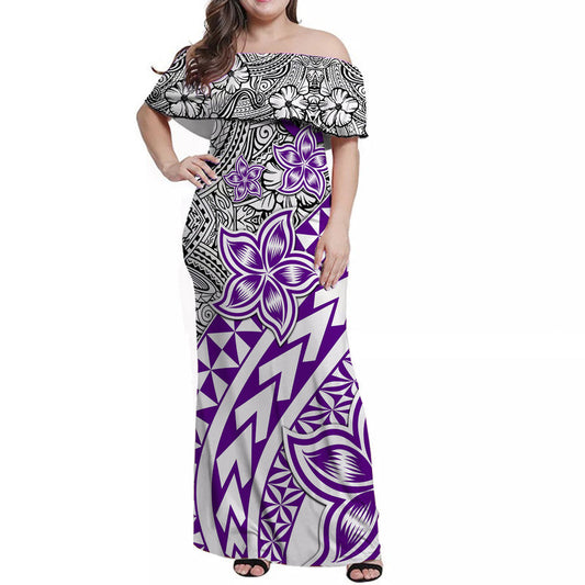 Traditional Polynesian Tribal Tattoo Retro Women Off shoulder Long Dress Purple