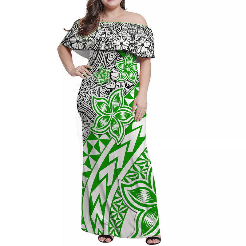 Traditional Polynesian Tribal Tattoo Retro Women Off shoulder Long Dress Green