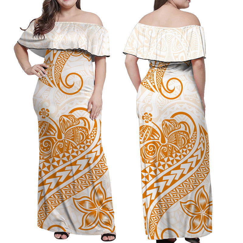 Polynesian Tribal Tattoo Retro Off Shoulder Long Dress Gold Screen Color