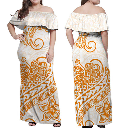 Polynesian Tribal Tattoo Retro Off Shoulder Long Dress Gold Screen Color