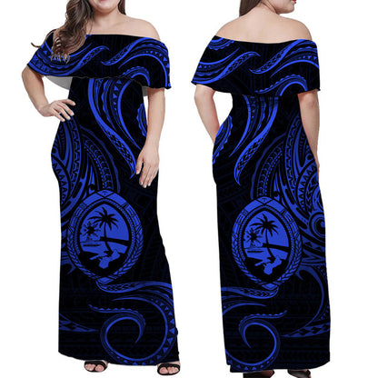 Polynesian Pride Guam With Polynesian Tribal Tattoo and Coat of Arms Off Shoulder Long Dress Blue Version