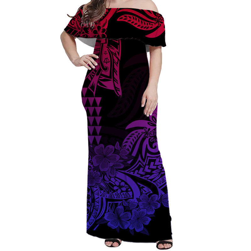Hawaii Kakau Off Shoulder Long Dress Polynesian Floral Tribal Gradient Version