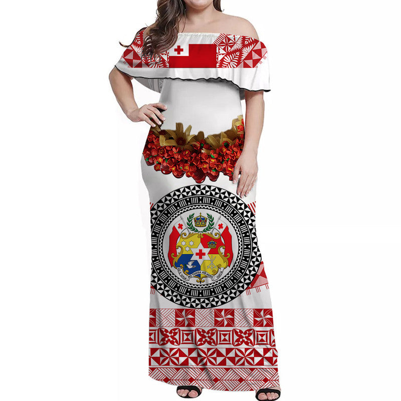 Custom Personalised Tonga Emancipation Day Off Shoulder Long Dress Independence Day Fancy Kahoa Heilala Flower White Red