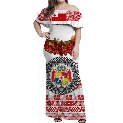Custom Personalised Tonga Emancipation Day Off Shoulder Long Dress Independence Day Fancy Kahoa Heilala Flower White Red