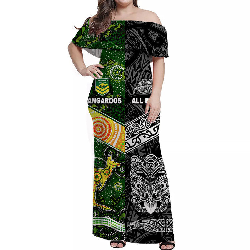 New Zealand Maori All Black And Australia Kangaroos Aboriginal Off Shoulder Long Dress Rugby Together