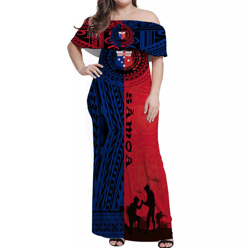 Samoa Independence Day Women Off Shoulder Long Dress Military Polynesian Pattern