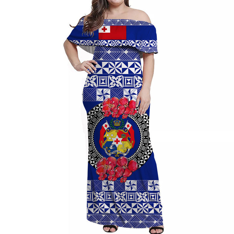 Custom Personalised Tonga Emancipation Day Off Shoulder Long Dress Independence Day Simple Ngatu Heilala Flower Blue
