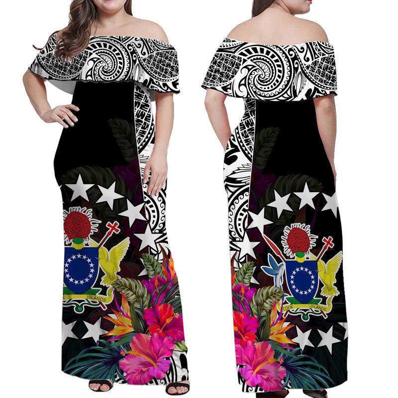 Cook Island Off Shoulder Long Dress Tribal Polynesian and Tropical Flowers
