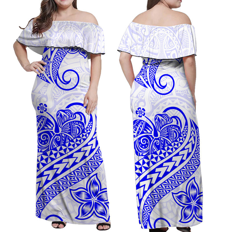 Polynesian Tribal Tattoo Retro Off Shoulder Long Dress Blue Screen Color