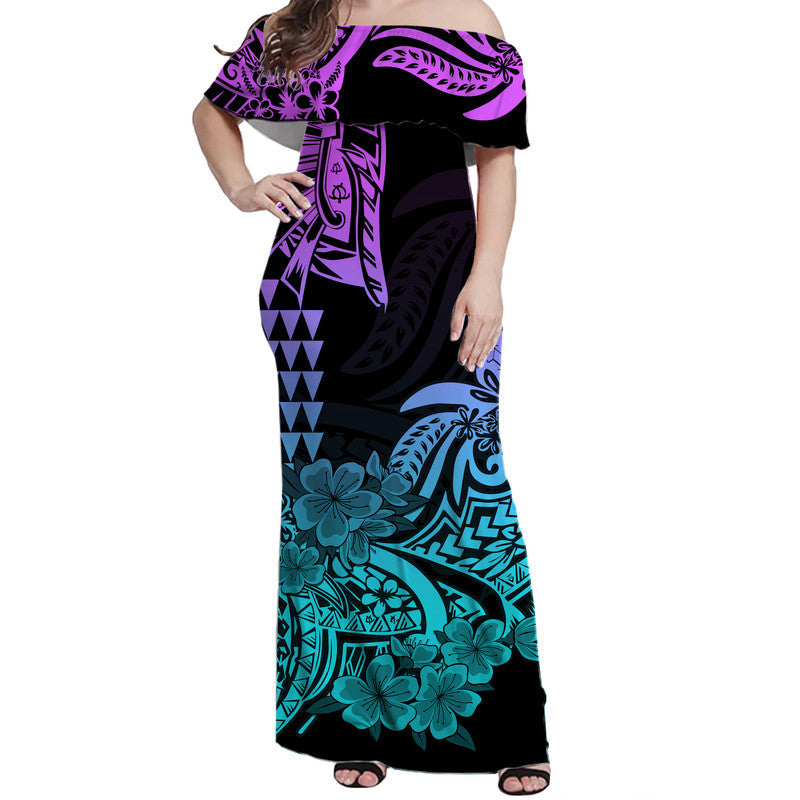 Hawaii Kakau Off Shoulder Long Dress Polynesian Floral Tribal Heliotrope Version