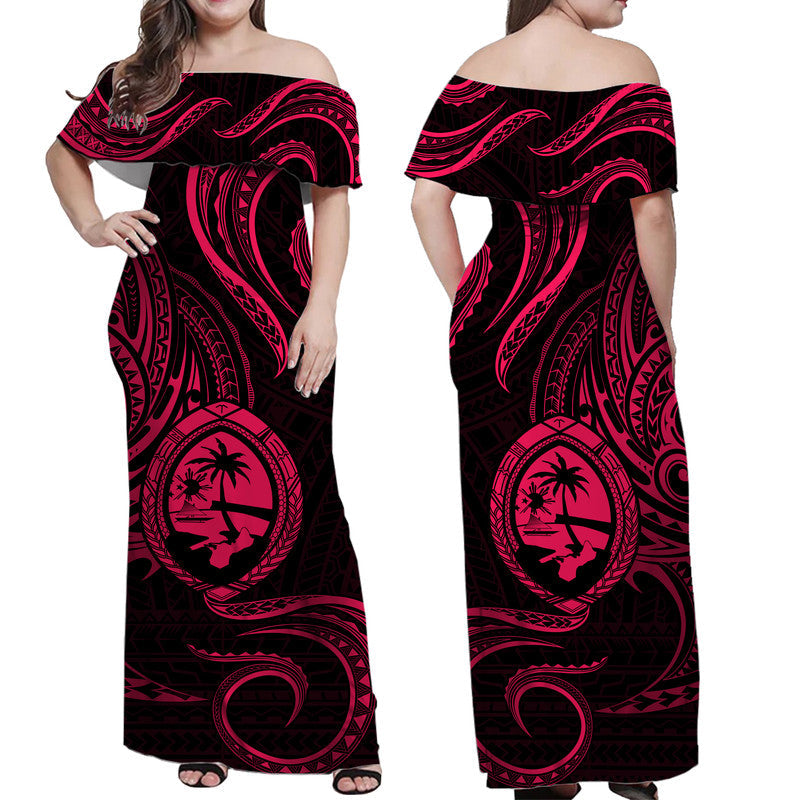 Polynesian Pride Guam With Polynesian Tribal Tattoo and Coat of Arms Off Shoulder Long Dress Pink Version