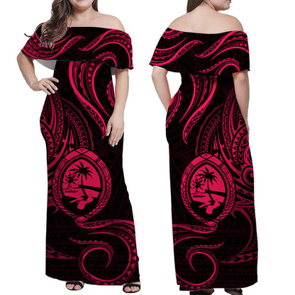 Polynesian Pride Guam With Polynesian Tribal Tattoo and Coat of Arms Off Shoulder Long Dress Pink Version