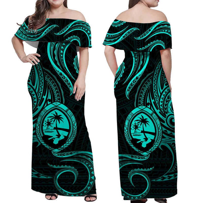 Polynesian Pride Guam With Polynesian Tribal Tattoo and Coat of Arms Off Shoulder Long Dress Turquoise Version