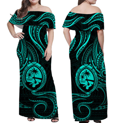 Polynesian Pride Guam With Polynesian Tribal Tattoo and Coat of Arms Off Shoulder Long Dress Turquoise Version