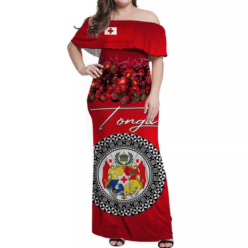 Custom Personalised Tonga Emancipation Day Off Shoulder Long Dress Independence Day Unique Kahoa Heilala Flower Red